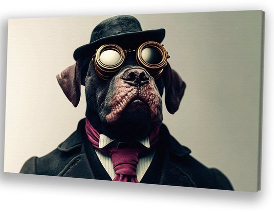 Chien élégant avec chapeau et lunettes – Peintures sur toile chien – Peinture sur toile animaux – Surréaliste – Décoration murale murale industrielle – Décoration Décoration murale – toile 120×80 cm