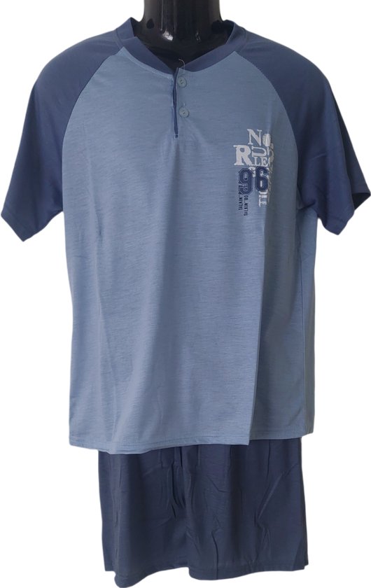 Ensemble Pyjama short Unisexe Femme & Homme – 2 Pièces – Couleur Blauw/Bleu Foncé/ – Uni avec Texte Imprimé – Taille S – Manches Courtes – Pantalon Court – Boutons – Cadeau – Vaderdag/ Fête des Mères – Noël