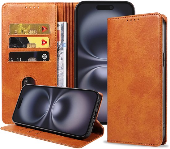 Étui Smartphonica pour iPhone 16 en similicuir avec fermeture magnétique et porte- iPhone , style Bookcase avec rabat – Marron