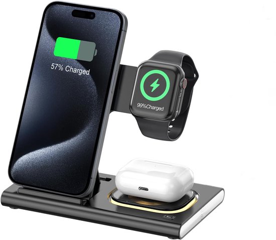 Chargeur sans fil 4 en 1 – Chargeur iPhone 15 W – Chargeur rapide iPhone – Compatible iPhone (8-17 pouces) – AirPods et Apple Watch – Chargeur sans fil – Chargeur de téléphone portable – Station de charge sans fil Qi – Pliable – Zwart