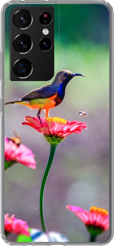 Convient pour la coque Samsung Galaxy S21 Ultra – Gros plan d&rsquo;un colibri sur des fleurs roses – Coque de téléphone en Siliconen