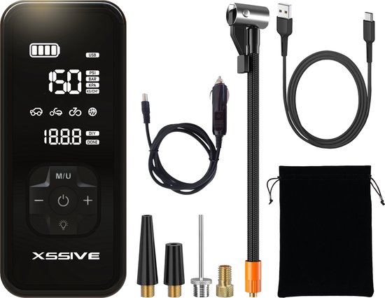 Compresseur d&rsquo;air Xssive AP02 pour vélo, scooter, moto et voiture – Pompe à vélo électrique – Pompe à pneu sans fil – Compresseur – Rechargeable et portable – Avec sac de rangement et fonction Power Bank