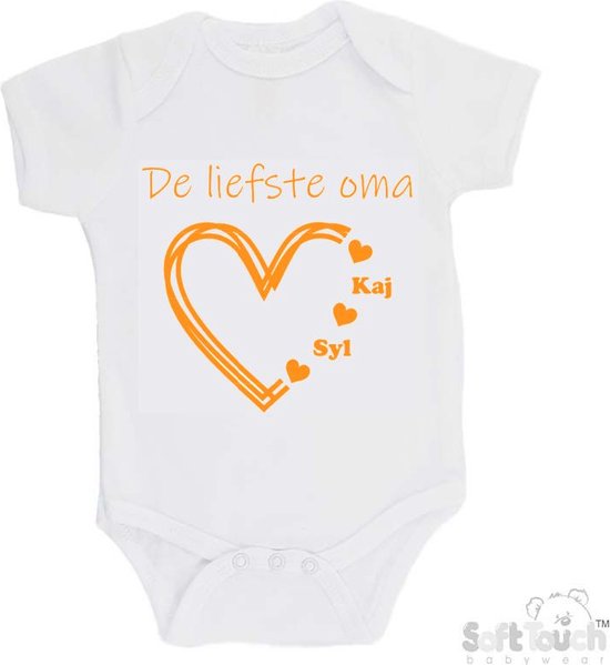 Barboteuse 100% coton « La plus douce grand-mère avec les prénoms de 2 petits-enfants » Unisexe Katoen Wit/moutarde Taille 68