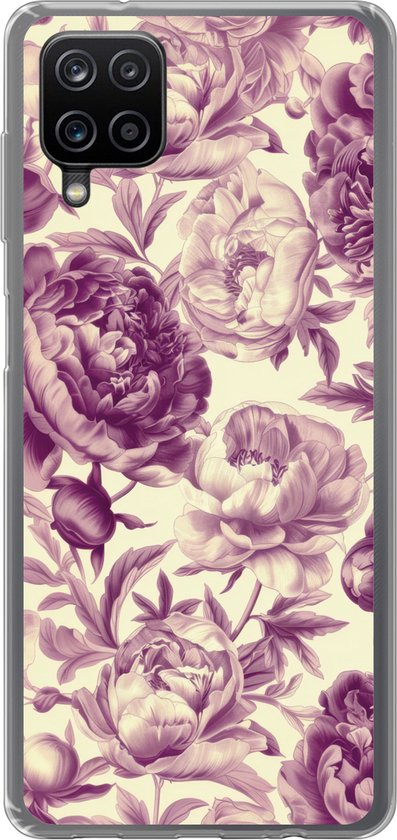 Coque de téléphone compatible avec Samsung Galaxy A12 – Fleurs – Motif – Violet – Beige – Coque de téléphone en Siliconen Coque de téléphone
