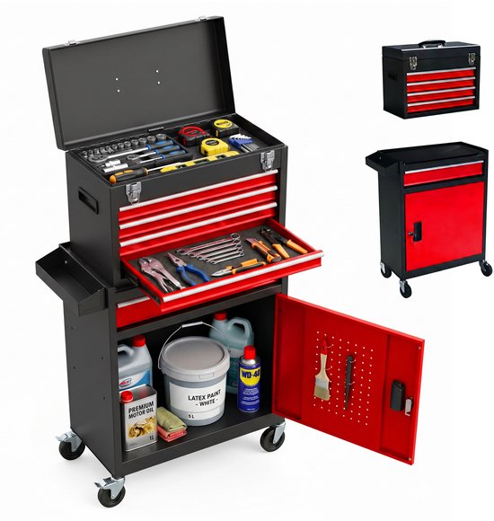 Chariot d&rsquo;atelier – noir-rouge – 59,5x104x28 cm – avec roues