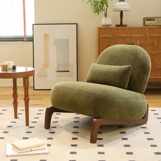 BLACKCOLORS Beau fauteuil décoratif avec pieds en bois massif, fauteuil en velours pour le salon avec coussin moelleux, chaise de chambre douillette, fauteuil de lecture confortable sans accoudoirs pour appartements, salles d&rsquo;attente, balcons