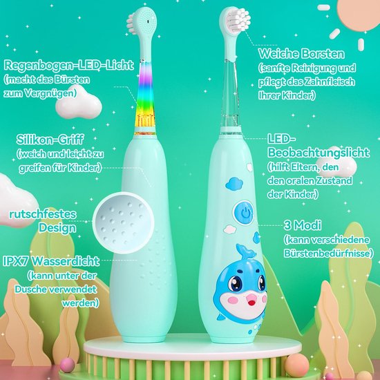 Brosse à dents électrique SEAGO pour enfants avec lumière LED et charge magnétique – Blauw – 8 Brosses remplaçables – Minuterie de 2 minutes – Convient aux tout-petits de 0 ans