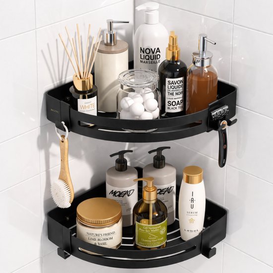 BOTC Support de douche Support de douche à 2 couches avec 4 Crochet – Support de douche suspendu – Support de salle de bain – Zwart