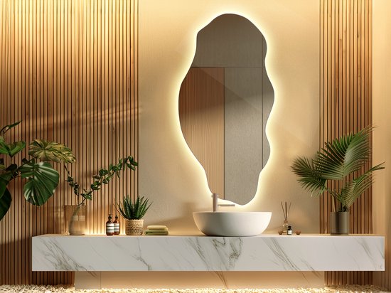 Coloray Miroir Demi-Rond Organique LED – Grand Miroir Demi-Rond Organique LED – 50 cm x 100 cm – Grand Miroir de Salon Organique LED – Miroir Minimaliste – Lumière Chaude – Miroir Mural LED Organique