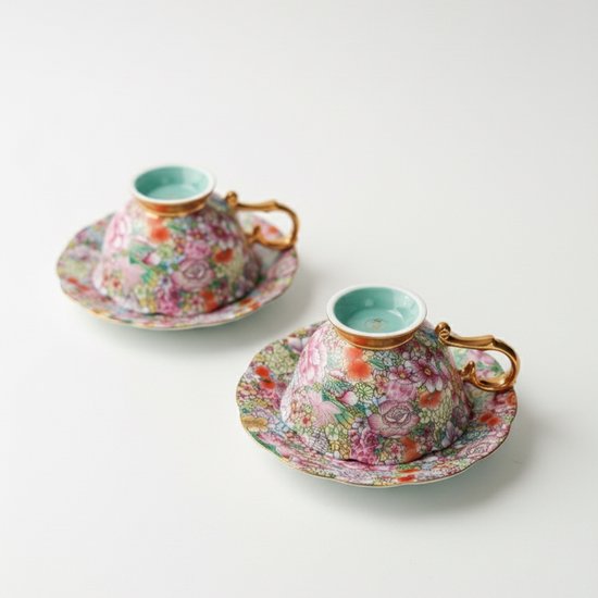 Ensemble Tasse à Café & Soucoupe Fleurs Vintage – Service à Thé et Café de Luxe avec Cuillère Dorée – Élégant & Intemporel
