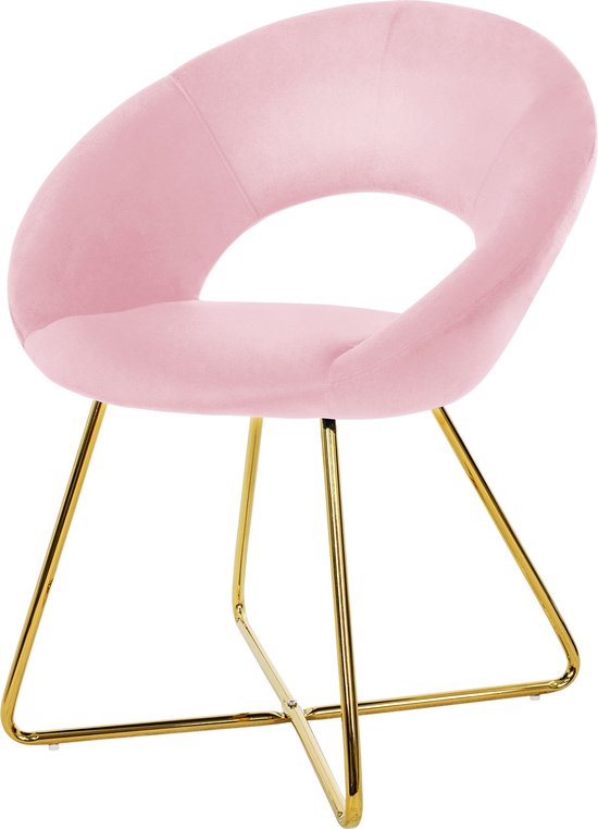 Chaise de salle à manger à dossier rond en velours rose avec pieds en métal doré design ML