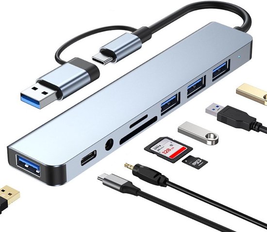 Ce hub USB 8-en-1 en aluminium dispose d&rsquo;un port USB 3.0, de trois ports USB 2.0, d&rsquo;un port USB-C, d&rsquo;un lecteur de carte SD/TF et d&rsquo;une prise audio 3,5 mm. Il est compatible avec MacBook Pro, Air et autres PC, ordinateurs portables et tablettes.