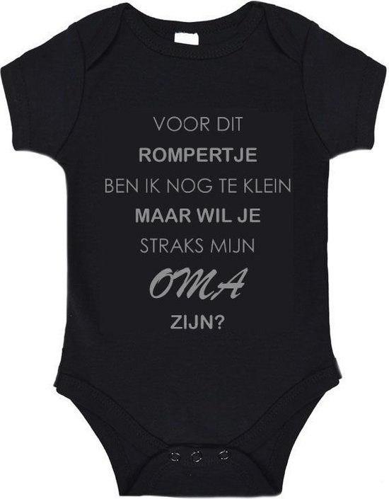 Barboteuse Soft Touch « Je suis encore trop petite pour cette barboteuse, mais tu veux être ma grand-mère plus tard » Garçons Katoen Zwart/ gris Taille 56/62