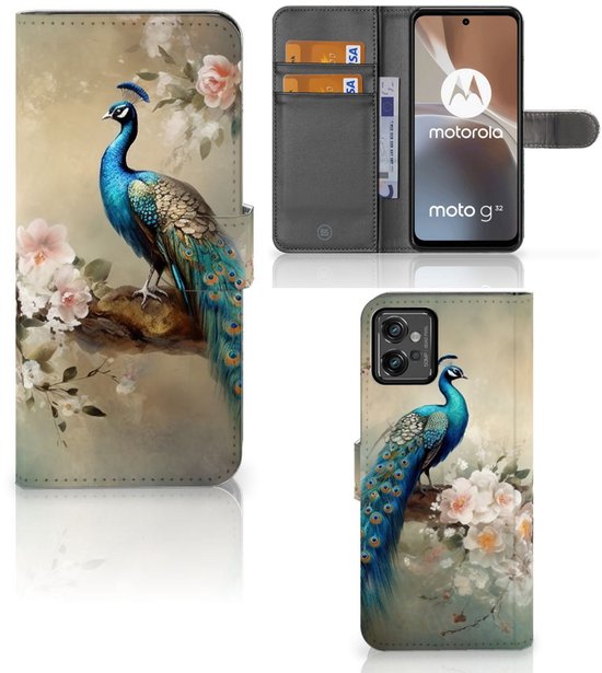 Coque de téléphone avec cartes adaptée au Motorola Moto G32 Vintage Peacocks