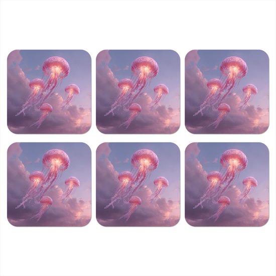 Dessous-de-verre pour verres – Méduses – Rose – Nuages – 10×10 cm – Dessous-de-verre – 6 pièces