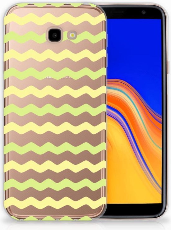 Coque Téléphone pour Samsung Galaxy J4 Plus (2018) Housse en Cuir Etui de Protection Waves Jaune