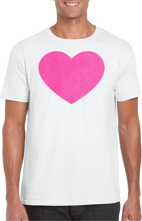 Bellatio Decorations T-shirt habillé pour homme – coeur – blanc – paillettes roses – carnaval/soirée à thème M