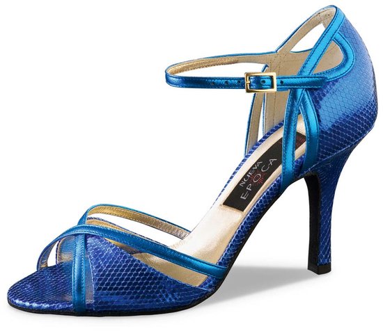 Chaussures de danse Nueva Epoca Angeles pour femme en Cuir Blauw brillant – Détails dorés – Talon haut 8 cm – Chaussures de Tango, salsa, danse Latin – Bout ouvert – Semelle en daim – Nueva Epoca – Blauw – 34