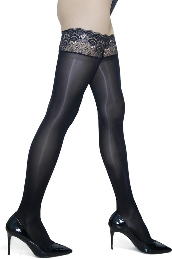 Bas sexy femme – bas nylon brillants avec dentelle et motif paon – bas jarretière