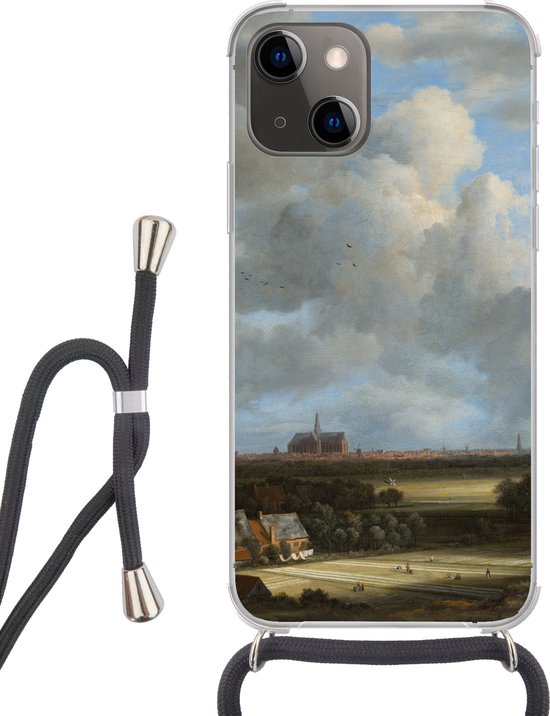 Étui de téléphone Convient pour iPhone 13 – Vue de Haarlem avec champs de blanchiment – Peinture de Jacob van Ruisdael – Siliconen – Bandoulière – Coque arrière avec cordon – Étui de téléphone avec cordon – Étui avec corde