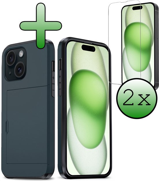 Coque pour iPhone 15, coque rigide avec porte-cartes et 2 films de protection d&rsquo;écran – Coque adaptée pour iPhone 15, coque rigide résistante aux chocs avec porte-cartes – Bleu foncé