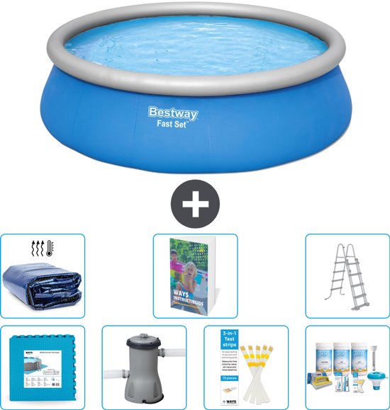 Bestway Piscine Fast Set Ronde Gonflable – 457 x 122 cm – Bleu – Comprend Pompe – Échelle Pack d&rsquo;entretien – Bâche solaire – Dalles de sol – 8 pièces