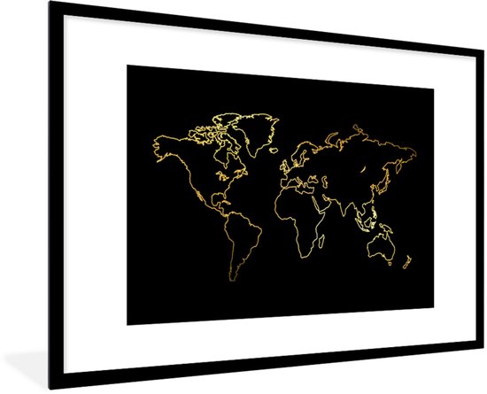 Carte du monde or sur fond noir cadre photo noir avec passe-partout blanc 80×120 120×80 cm