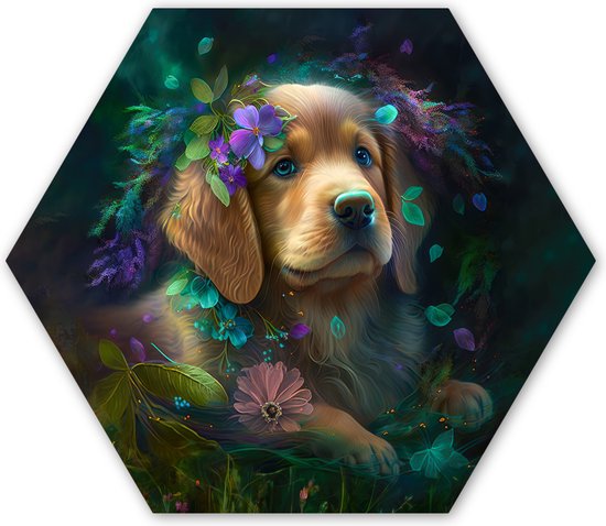 Décoration murale hexagonale – Décoration murale en plastique – Tableau hexagonal – Chien – Puppy – Fleurs – Nature – Golden retriever – 75×65 cm