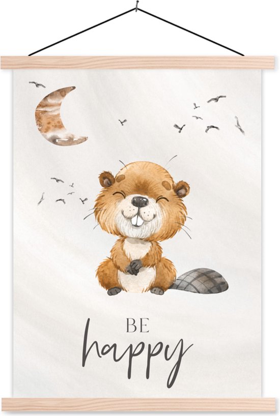Décoration pour chambres d&rsquo;enfants – Affiche scolaire enfant – Citations – Be happy – Enfants – Lune – Castor – Aquarelle – Décoration murale – 90×120 cm