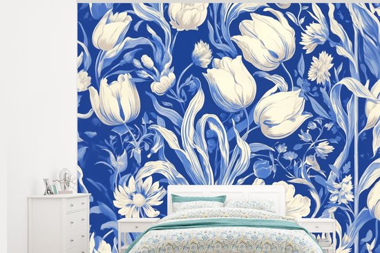 Behang – Fotobehang Bloemen – Delfts Blauw – Patroon – Tulp – Breedte 325 cm x hoogte 260 cm