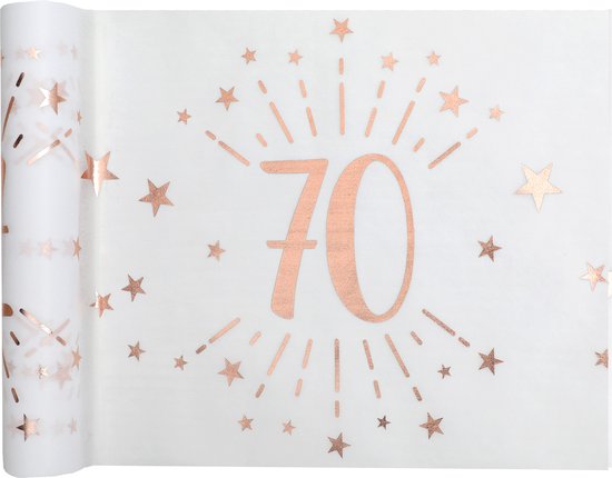 Chemin de table Santex op rol – 2x – anniversaire 70 ans – polyester – blanc/or rose – 30 x 500 cm