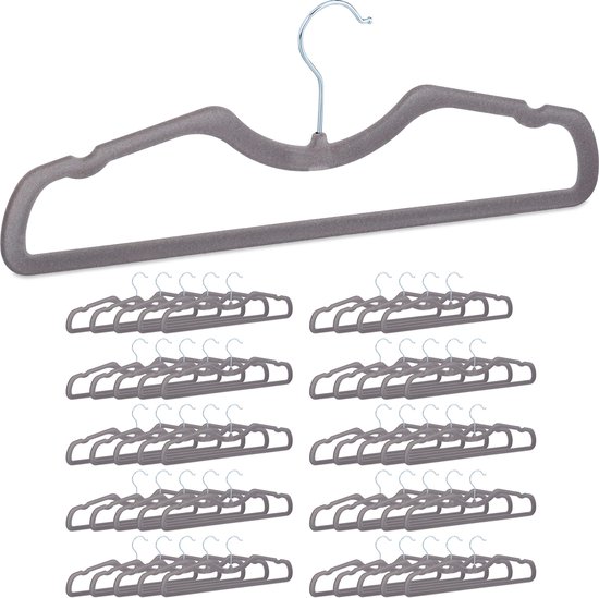 Cintres en velours – Set de 50 – Gain de place – Avec barre à pantalon et encoches – Grijs