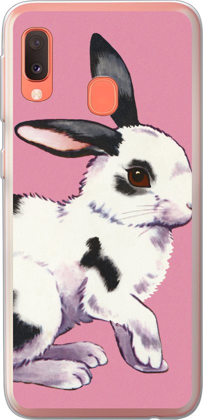 Convient pour coque Samsung Galaxy A20e – Lapin avec fond rose – Coque de téléphone en Siliconen