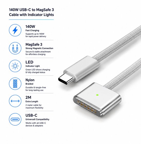Câble EISENZ USB-C vers MagSafe 3 140W – Câble de charge rapide de 2 mètres avec indicateur LED – Tressé en nylon – Convient pour MacBook | Câble EISENZ USB-C vers MagSafe 3 140W – Câble de charge rapide de 2M avec indicateur LED