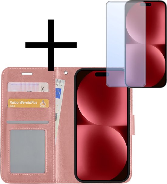 Bookcase à rabat iPhone 15 Pro avec protecteur d&rsquo;écran – Or Goud