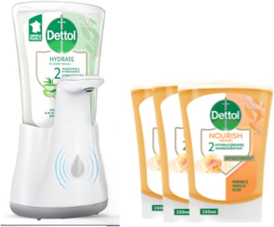 Dettol – Distributeur de savon automatique No Touch & Recharge de savon pour les mains 3x250ml No Touch – Aloe Vera , beurre de karité et Lotus Blue – Value Pack