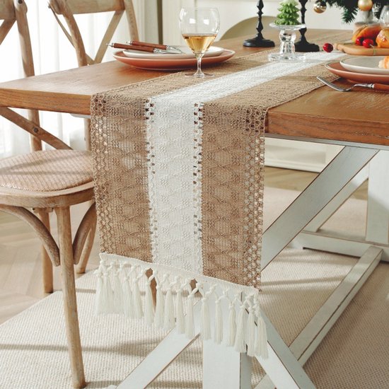 Chemin de table bicolore en coton et lin matelassé – Chemin de table neutre de style bohème 30x240cm – Décor de ferme tissé – Convient pour la décoration de table, les mariages, les fêtes et la décoration de coiffeuse