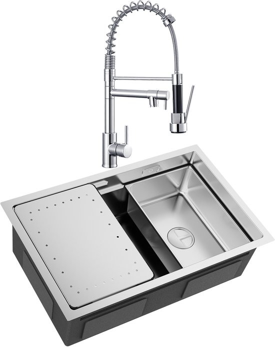 CECIPA max Évier Inox 70x44CM – Évier Cuisine Avec robinet de cuisine à bec extractible – Évier Multifonctionnel – Évier Avec Égouttoir – Éviers Cuisine – Lavabo Cuisine – Inox