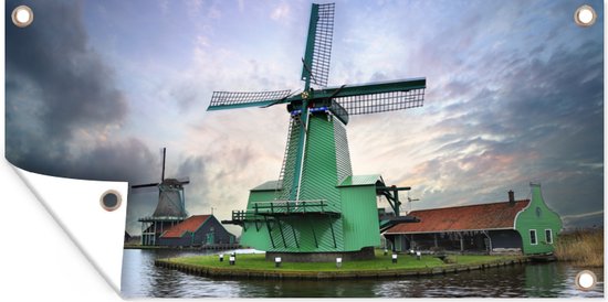 Décoration murale extérieure Moulins à vent à Zaandam au coucher du soleil – 160×80 cm – Toile jardin – Poster extérieur