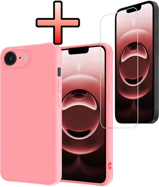 Coque adaptée à iPhone 16e – Coque arrière en Siliconen avec protecteur d&rsquo;écran – Rose clair