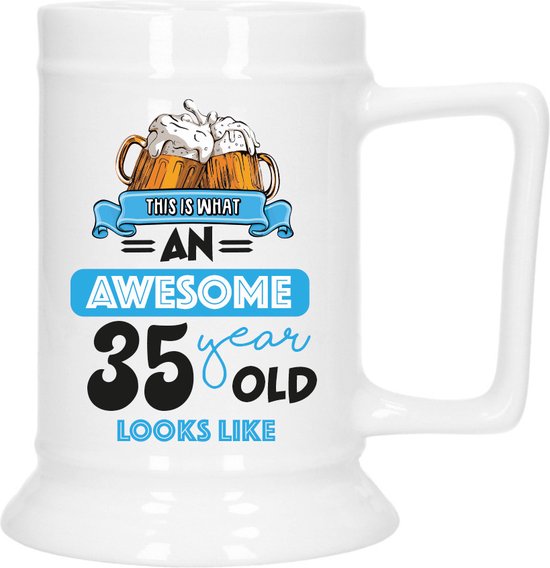 Bellatio Décoration Cadeau Chope à Bière pour 35 Ans – Bleu – Chope à Bière Funny Age – 530 ml