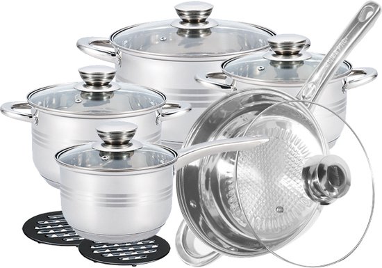 Batterie de cuisine Swiss Pro+ – 12 pièces – Inox – Batterie de cuisine inox 18/10 – Tous feux – 12h30
