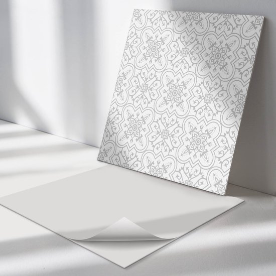 carrelages en Vinyl Wallfluent – Motif floral avec Ornements – 20 cm x 20 cm – carrelages PVC Grijs – Lot de 20 – carrelages PVC carrées – carrelages adhésives à motifs – carrelages PVC autocollantes – Dalles adhésives Cuisine et salle de bain
