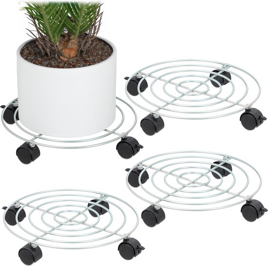 Chariot à plantes Relaxdays – lot de 4 – Ø 32 cm – acier – roulettes – dessous de verre pour pots de fleurs