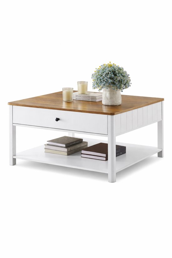Delightness Table Basse – Tables Basses – Table Basse Avec Espace de Rangement – Table de Salon – 2 Grand Tiroirs – 80x80x45cm – Blanc – Brun Noyer