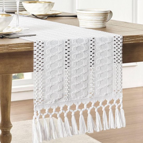 Chemin de table bohème en coton et lin – 30 x 200 cm Chemin de table rustique de ferme – Décoration de ferme tissée – Chemin de table avec pompons noués – Perfect pour une table de printemps ou un goûter