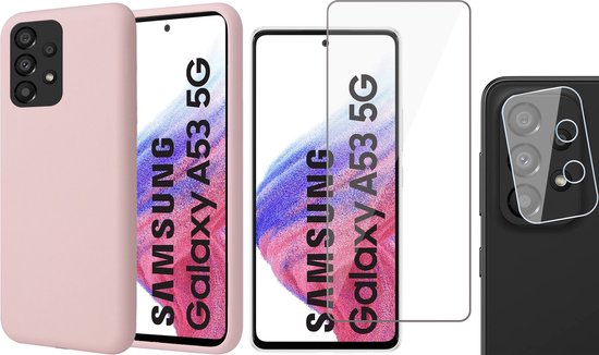 Coque Samsung Galaxy A53 – Coque arrière mate en Siliconen microfibre rose – Protecteur d&rsquo;écran en Tempered Glass trempé – Protecteur d&rsquo;objectif d&rsquo;appareil photo