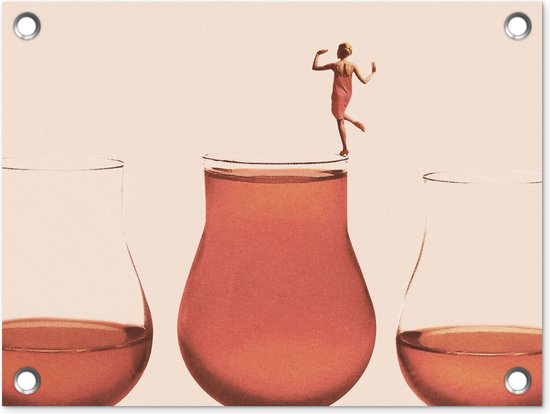 Décoration de Jardin Femme – Vin – Verre à vin – Vintage – 40×30 cm – Toile de jardin – Affiche extérieure