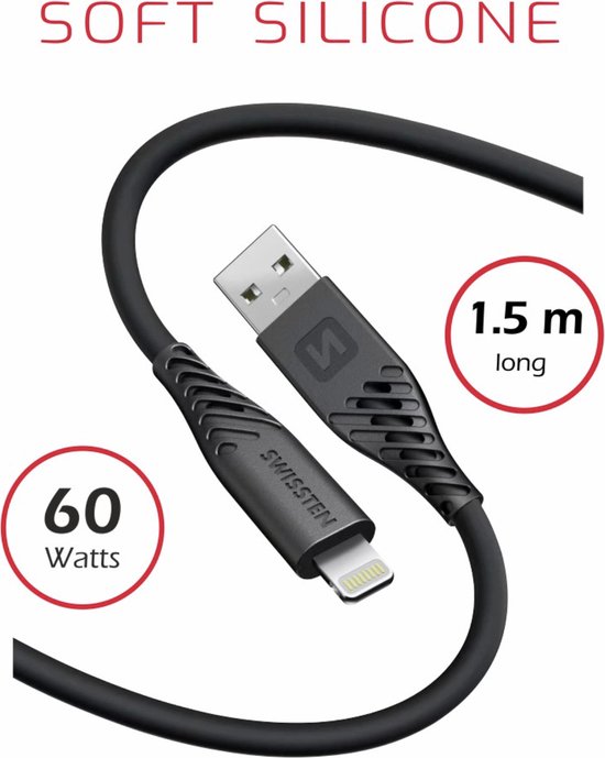 Câble USB-A vers USB-C en silicone souple Swissten (60 W) – 1,5 m – Zwart (Remarque : connexion USB-C)