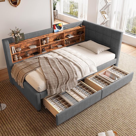 BLACKCOLORS Daybed, 90*200 cm, daybed, canapé convertible, avec 2 tiroirs, USB + type C, multiples rangements, lit avec sommier à lattes (sans matelas), lin, gris
